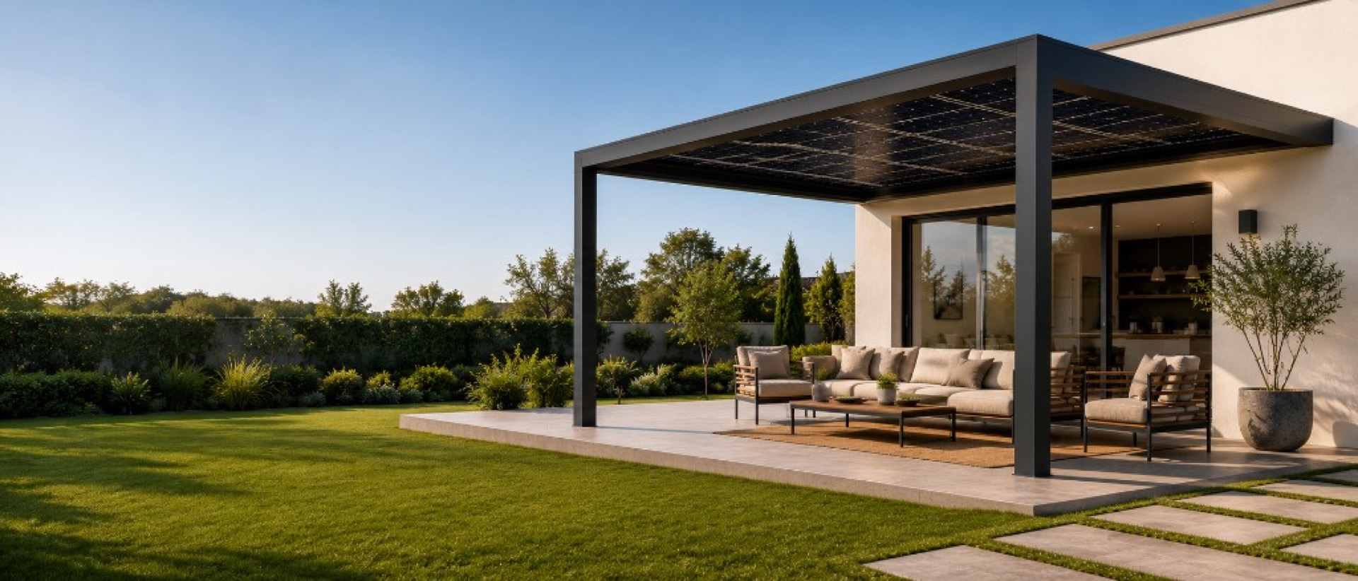 Pergola solaire photovoltaïque sur terrasse, installation clé en main en France